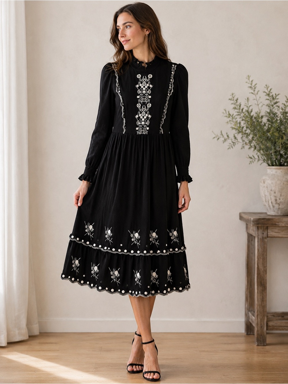 In Bloom Black Midi Dress with White Floral Embroidery M